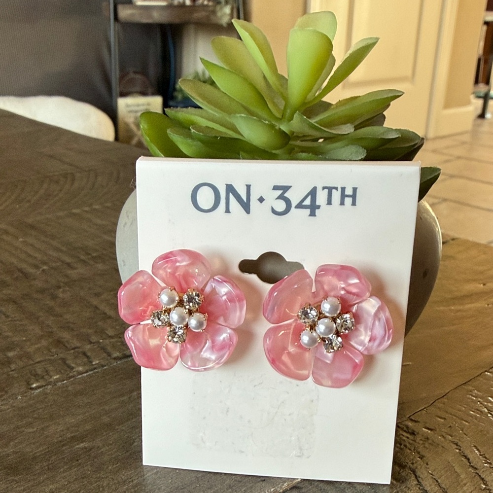 ON 34th Pink Floral Earrings with Pearls and Gems - NWT!